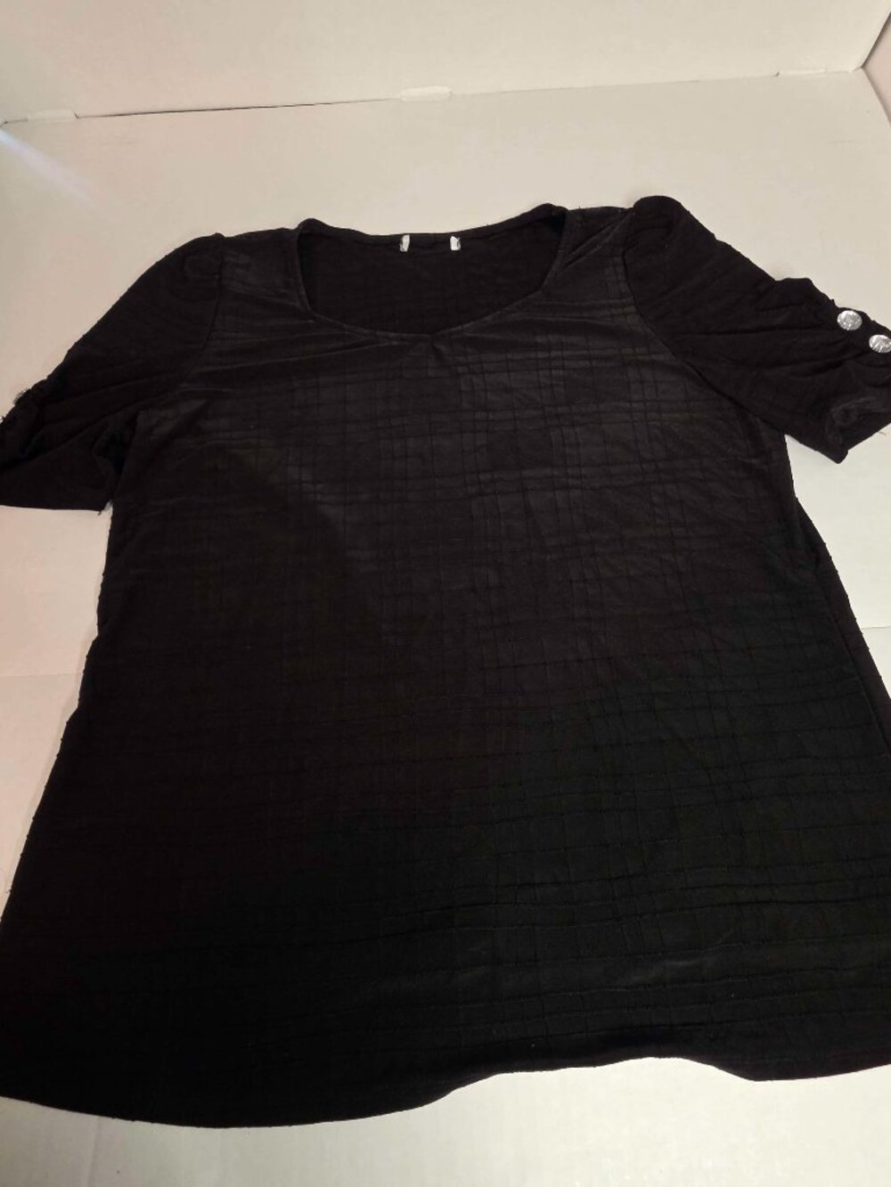 Women's Black Textured Short Sleeve Top Rhinestone Button Cuff XL